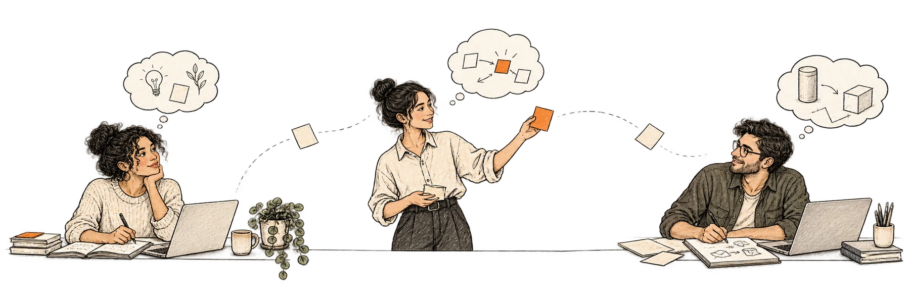 Three collaborators developing their own ideas and sharing selected notes.