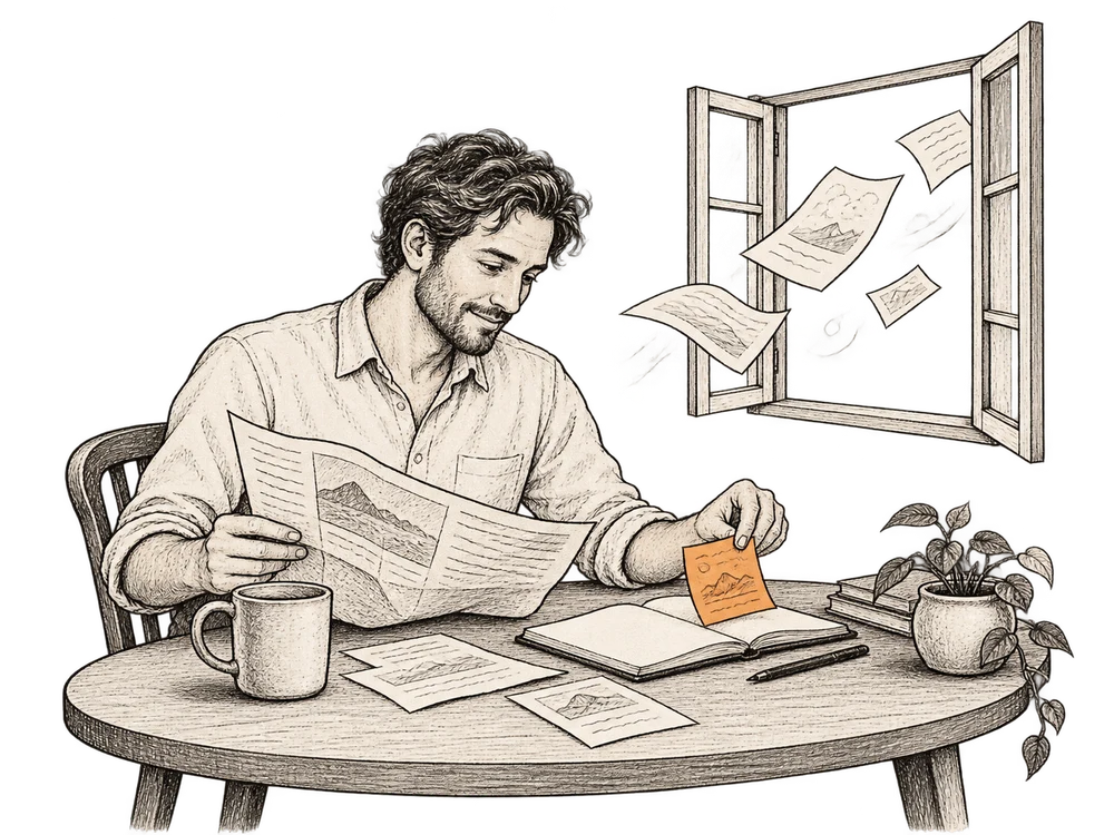 A collaborator selecting one useful clipping from information arriving from outside.